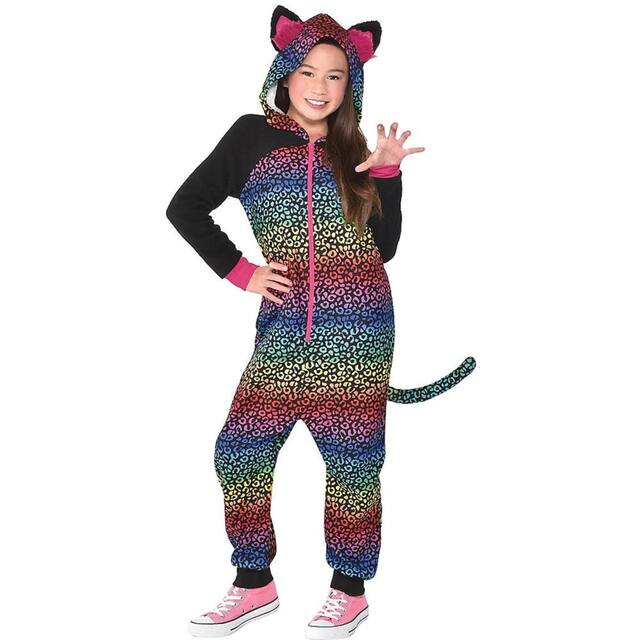 Kids' Leopard Rainbow Jumpsuit with Hood & Tail Halloween Costume, Assorted Sizes Front_Flat