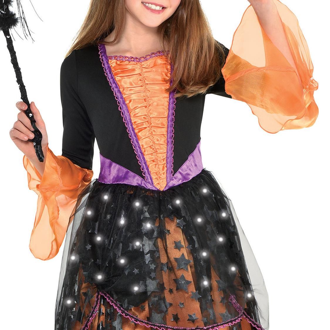 Kids' Witch Orange/Black Light-Up Dress with Hat Halloween Costume, Assorted Sizes CloseUp