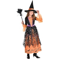 Kids' Witch Orange/Black Light-Up Dress with Hat Halloween Costume, Assorted Sizes Front_Flat