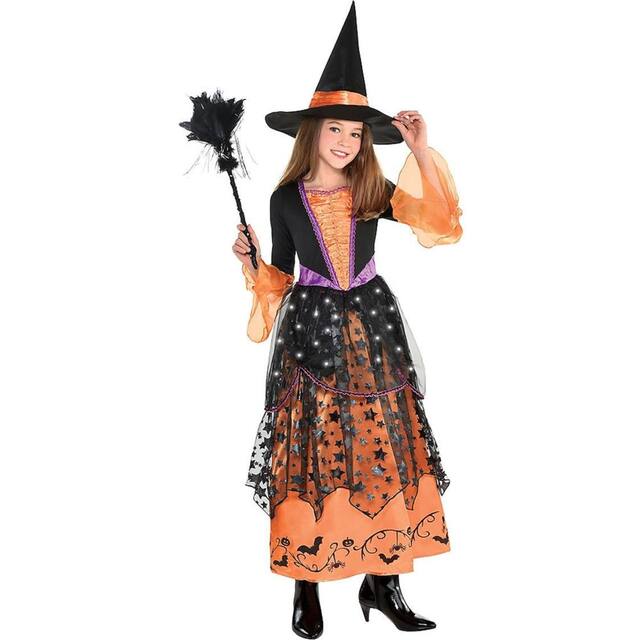 Kids' Witch Orange/Black Light-Up Dress with Hat Halloween Costume, Assorted Sizes Front_Flat