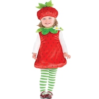 Barboteuse de fraise rouge pour tout-petits, avec chapeau et collants, choix de tailles Front_Flat