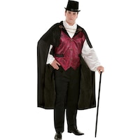 Men's Dracula Vampire Black/Red Outfit with Shirt/Cape/Hat Halloween Costume, Assorted Sizes Front_Angled_Right