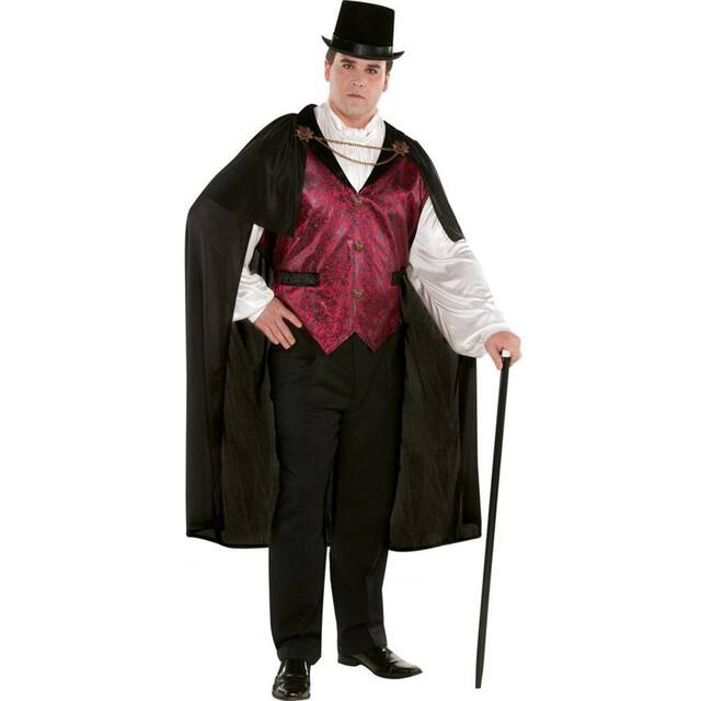 Men's Dracula Vampire Black/Red Outfit with Shirt/Cape/Hat Halloween Costume, Assorted Sizes Front_Angled_Right