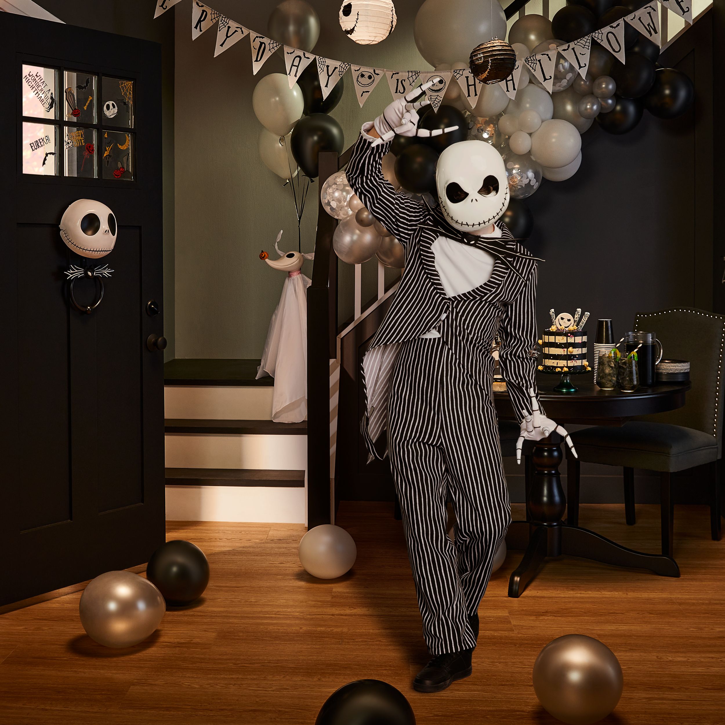 Disney Kids The Nightmare Before Christmas Jack Skellington Black White Pinstripe Jumpsuit with Mask Halloween Costume Assorted Sizes Party City