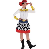 Costume de Jessie de Disney Pixar Histoire de jouets pour femmes, combinaison à motif imprimé avec robe/chapeau/poignets/boucle à cheveux/ceinture/anneau à tirer, choix de tailles Front_Flat