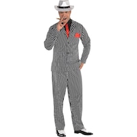 Men's Mob Boss Black/White Pinstriped Outfit with Jacket/Pant/Shirt Halloween Costume, Assorted Sizes Front_Angled_Right