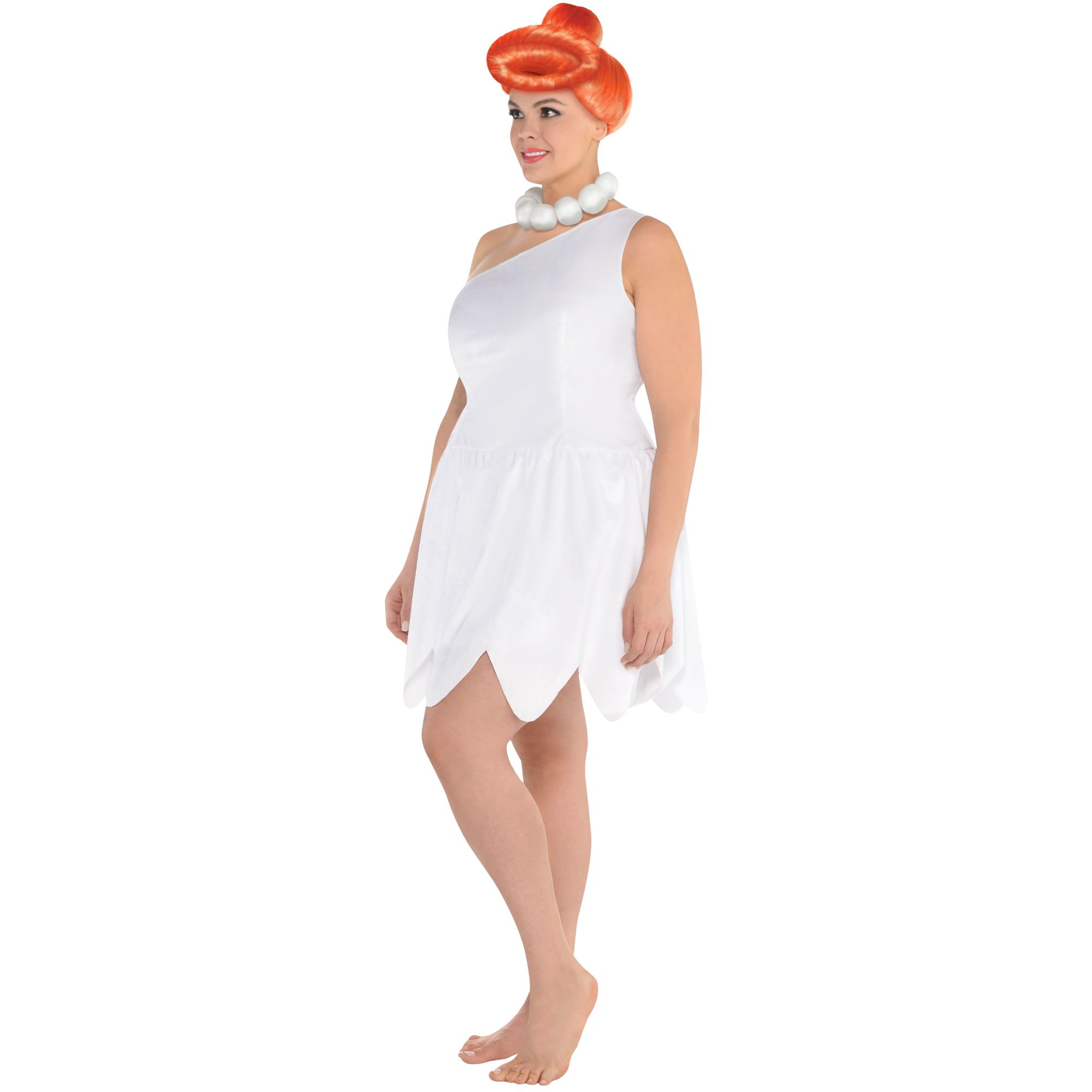 Women's The Flintstones Wilma White Dress with Necklace & Wig Halloween ...