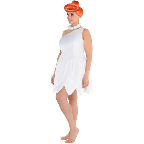 Women's The Flintstones Wilma White Dress with Necklace & Wig Halloween Costume, Assorted Sizes