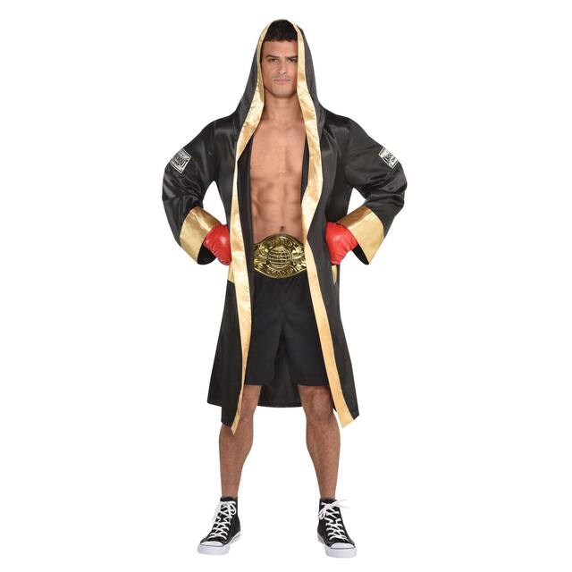 Peignoir de boxeur pour adulte, noir/doré, taille unique, accessoire de costume à porter pour l'Halloween Front_Flat
