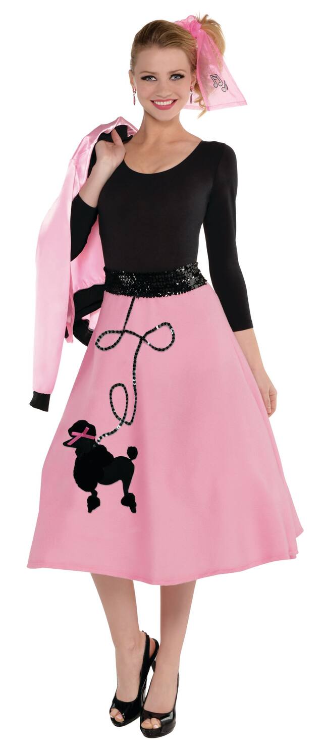 Jupe caniche à paillettes des années 1950 pour adulte, rose/noir, taille universelle, accessoire de costume à porter pour l'Halloween Front_Angled_Left