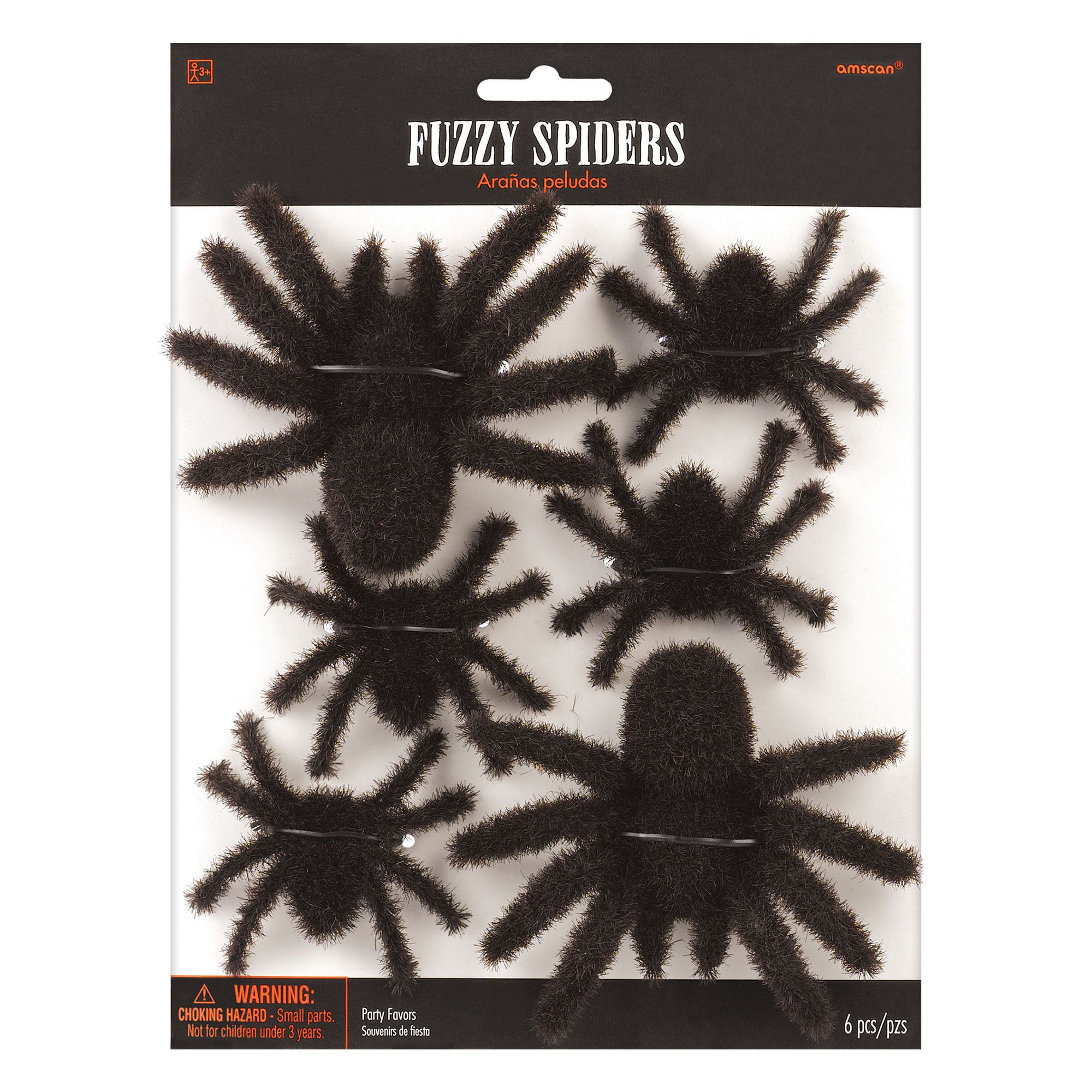 Spider Fuzzy Furry Favours, Black, 10-in, 6-pk, for Halloween Front_Flat