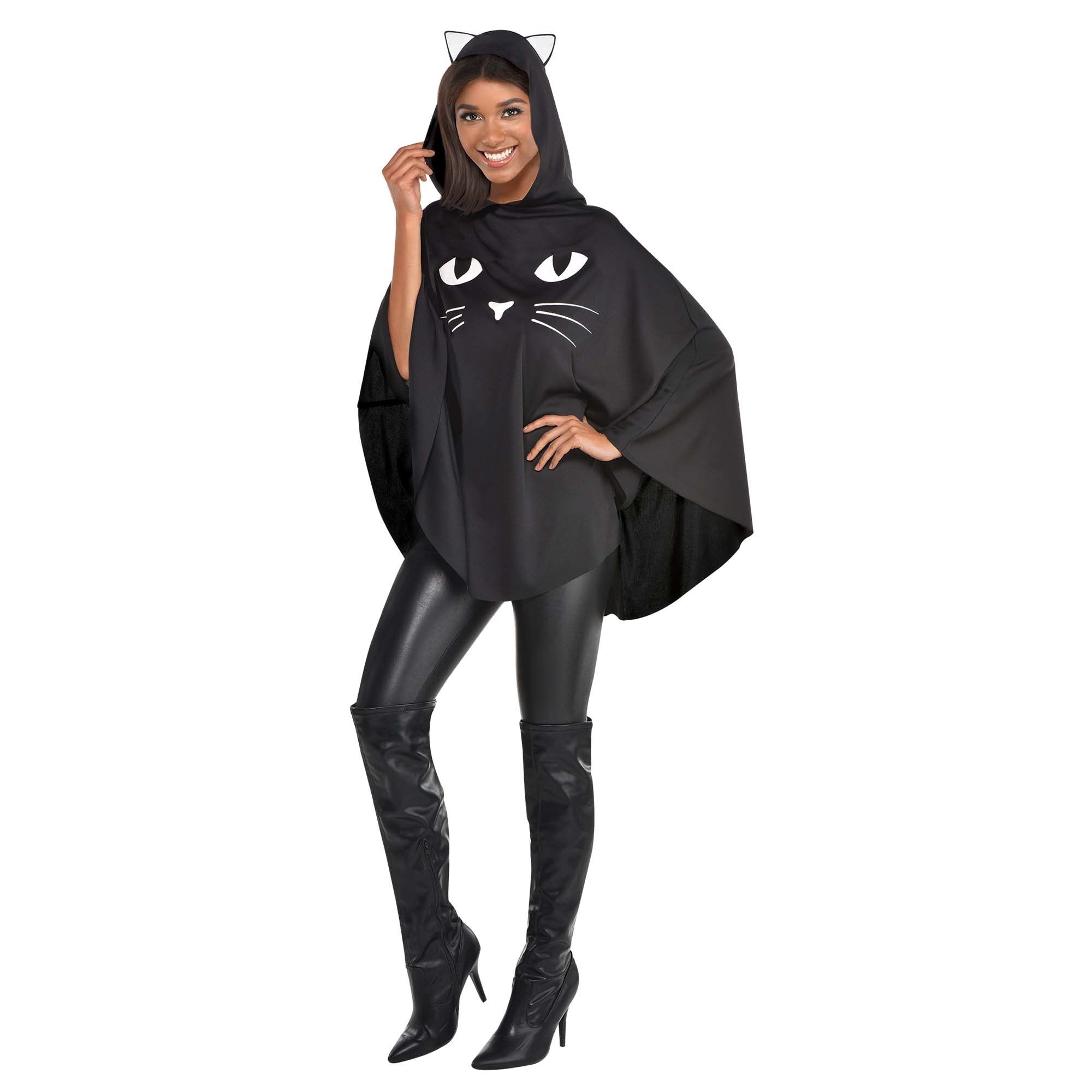 Cat Face Poncho with Hood, Black, One Size, Wearable Costume