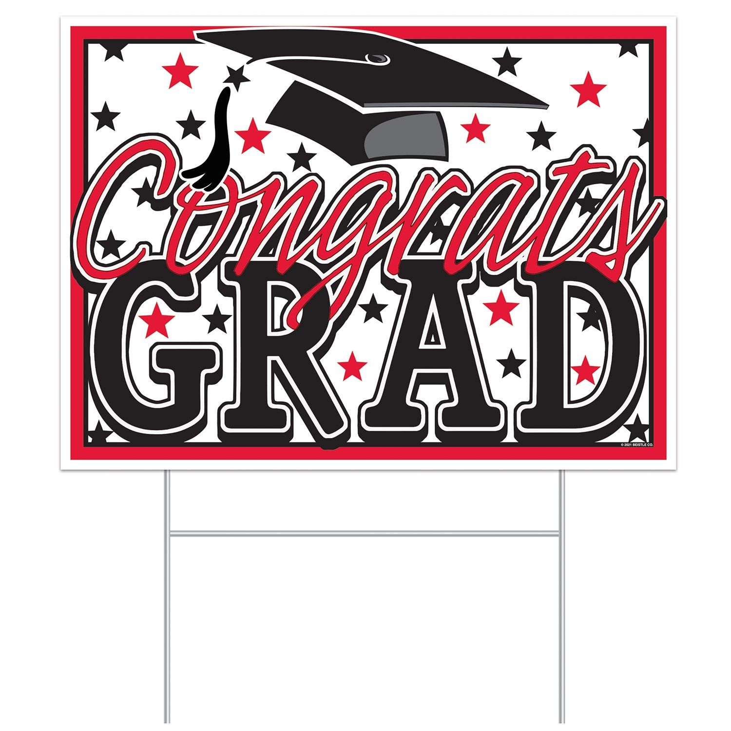 Congrats Grad Outdoor Graduation Yard Stake Sign Decoration, Red, 15.5-in, for Graduation Front_Flat