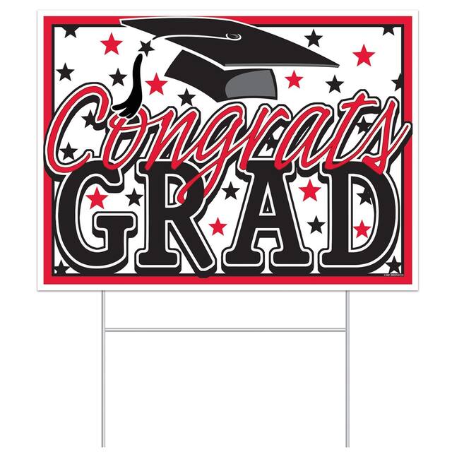 Congrats Grad Outdoor Graduation Yard Stake Sign Decoration, Red, 15.5-in, for Graduation Front_Flat