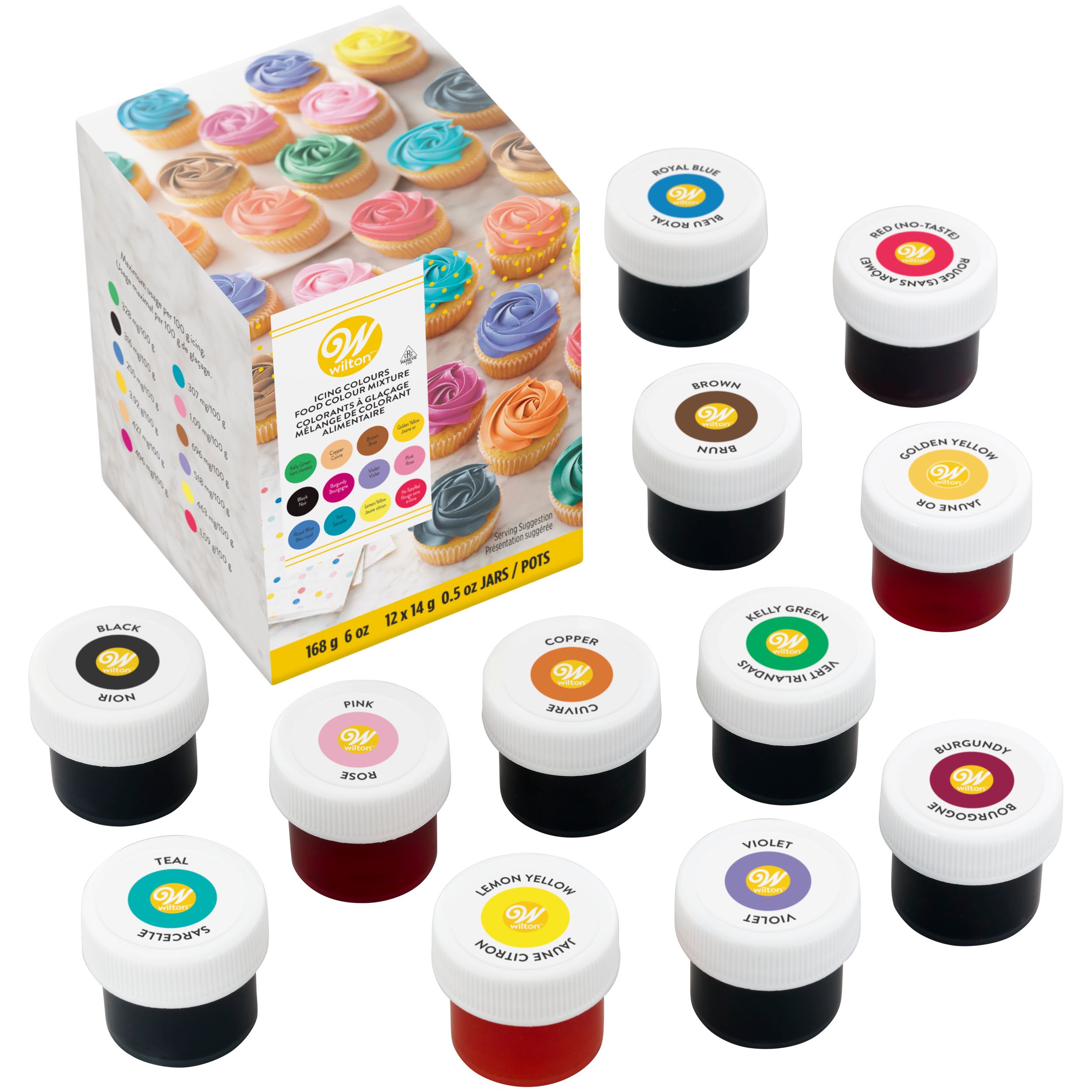 Wilton Edible Icing Food Colouring Kit, Multi-Coloured, 0.5-oz, 12-pk, for Baking/Customizing Colours Overhead_Plunge