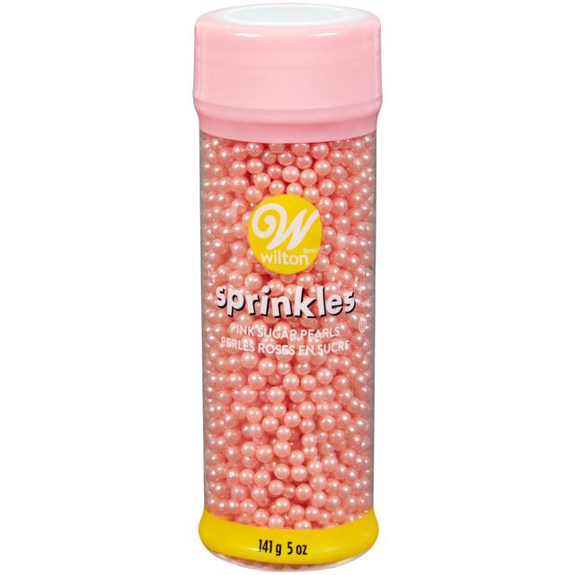 Wilton Edible Decorative Pearl Sprinkles, Pink, 5-oz, for Baking/Cake Decoration Front_Flat