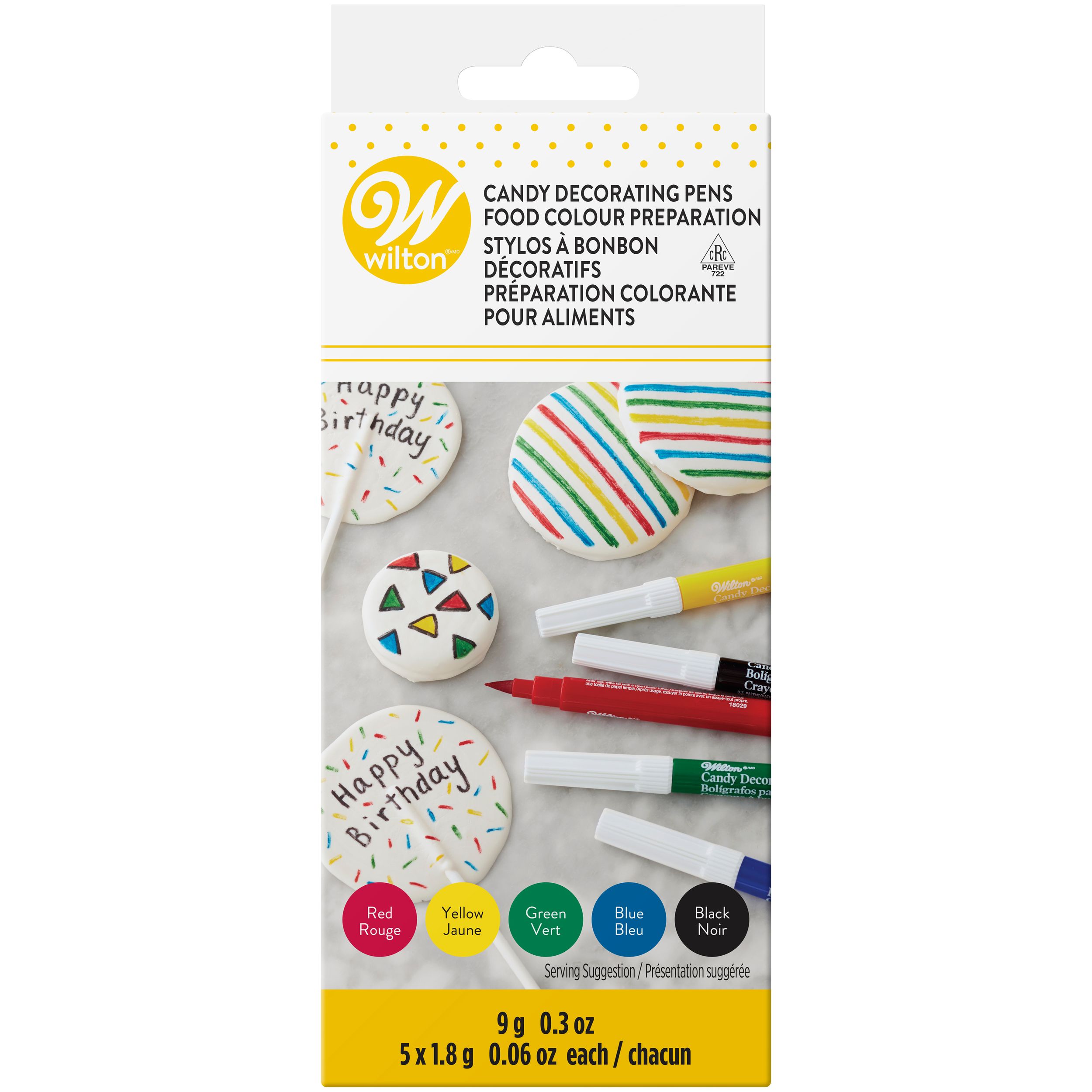 Wilton Fine Tp Edible Decorative Colour Pens, Red/Yellow/Green/Blue/Black, 5-pk, for Baking/Cake Decoration Front_Flat