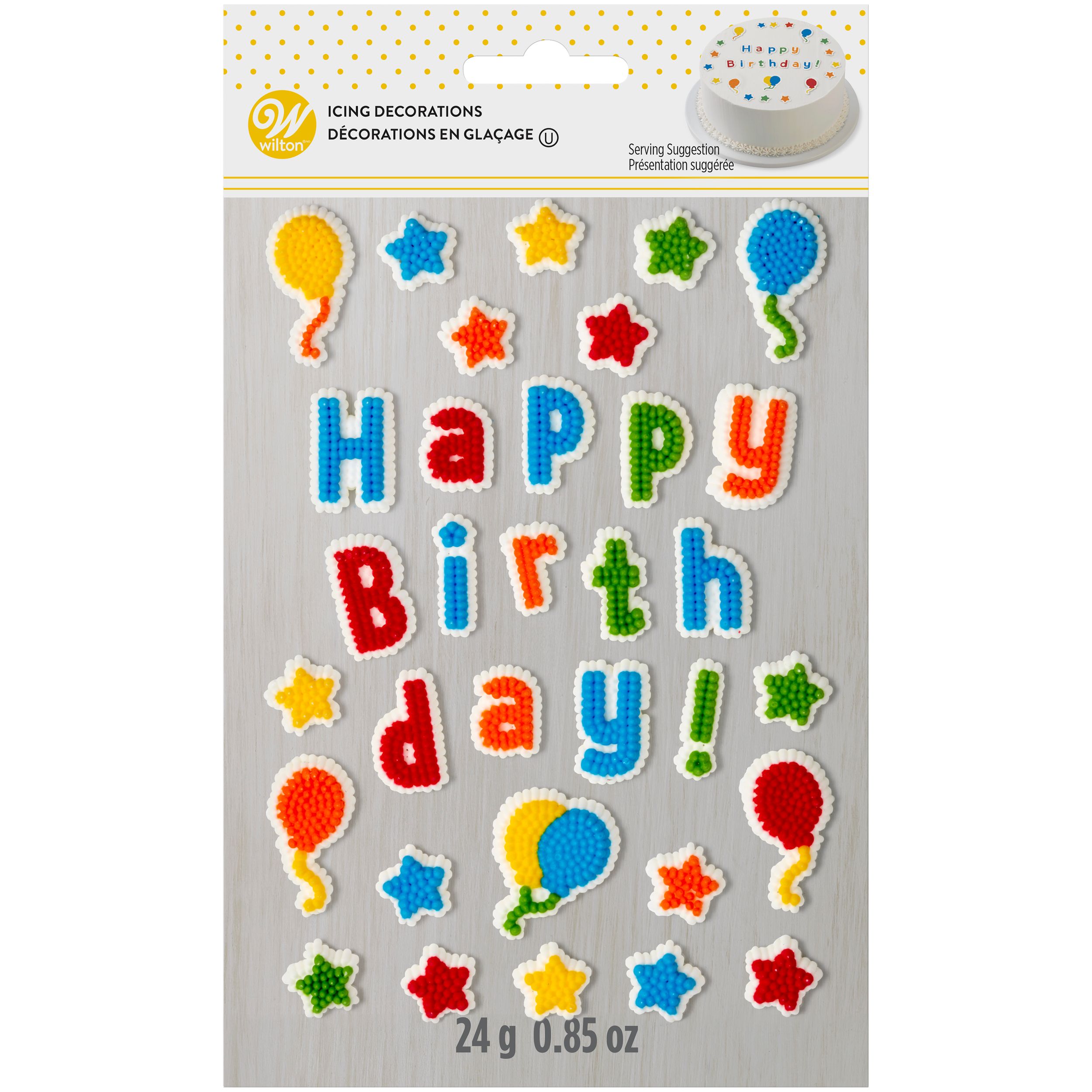 Vermicelles décoratifs de glaçage lettre comestibles Happy Birthday Wilton, multicolore, 0,85 oz, paq. 33, pour cuisson/décoration de gâteau Front_Flat