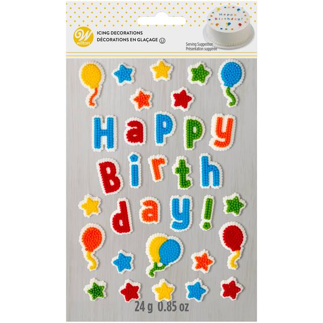 Wilton 'Happy Birthday' Edible Letter Icing Decoration Sprinkles, Multi-Coloured, 0.85-oz, 33-pk, for Birthday Cake Decorations Front_Flat