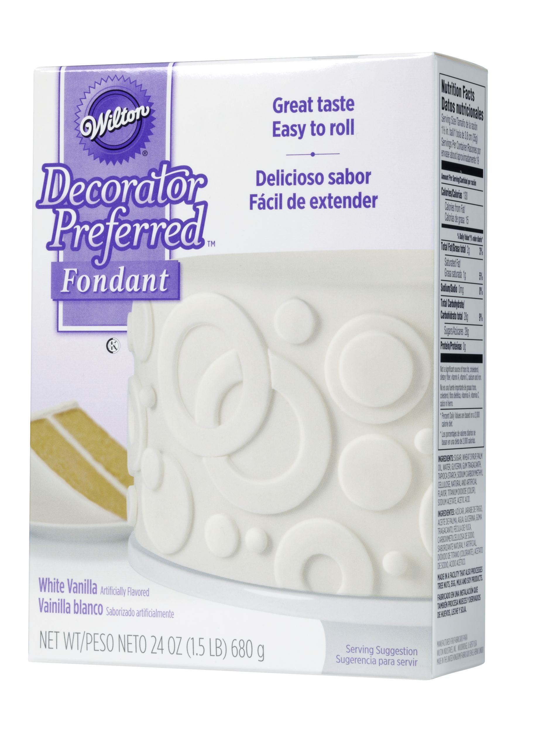Wilton Decorator Preferred Edible Decorating Fondant Icing, White, 24-oz, Vanilla Artificially Flavoured, for Baking/Cake Decoration Front_Angled_Left