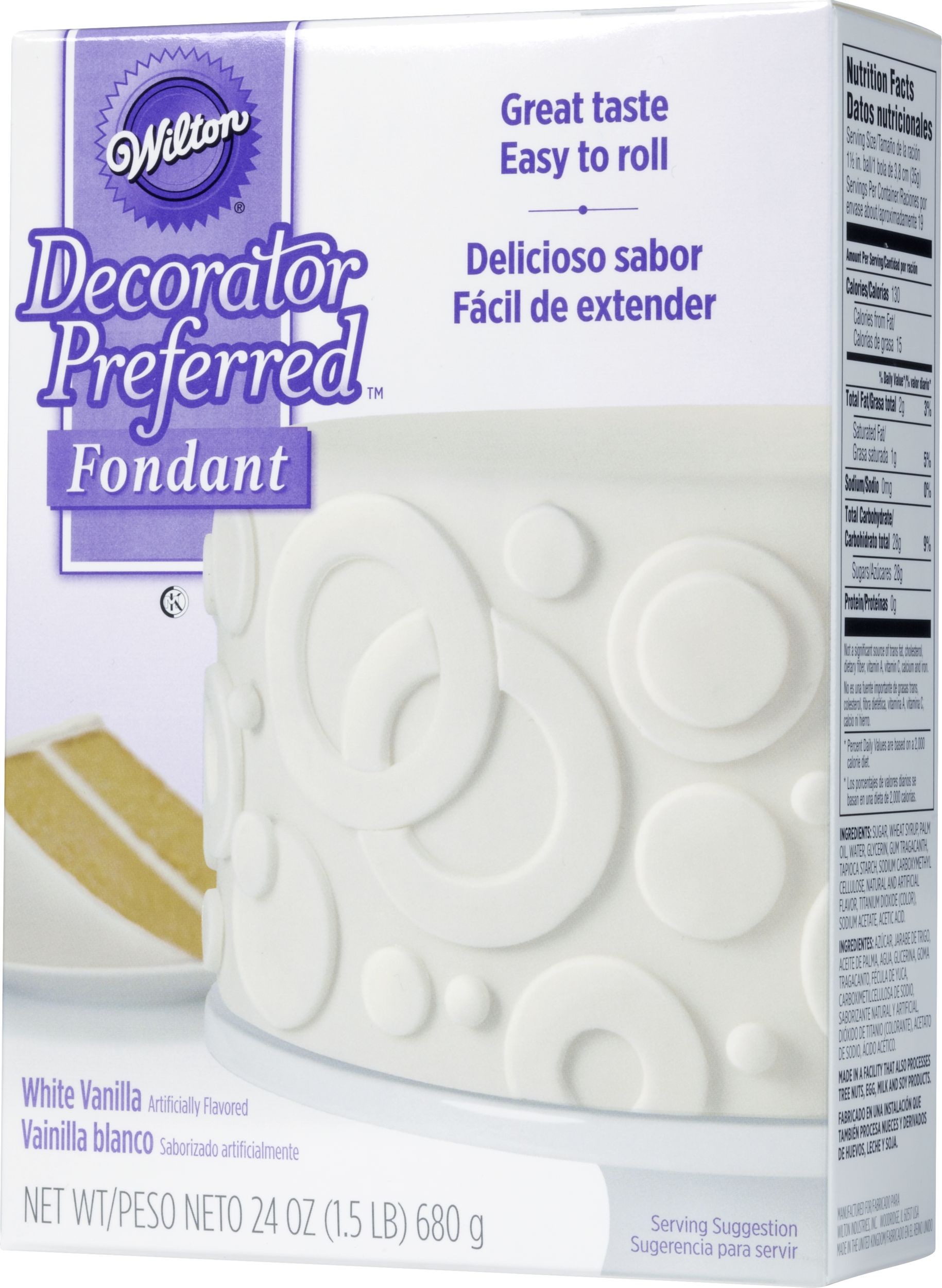 Wilton Decorator Preferred Edible Decorating Fondant Icing, White, 24-oz, Vanilla Artificially Flavoured, for Baking/Cake Decoration Front_Angled_Left
