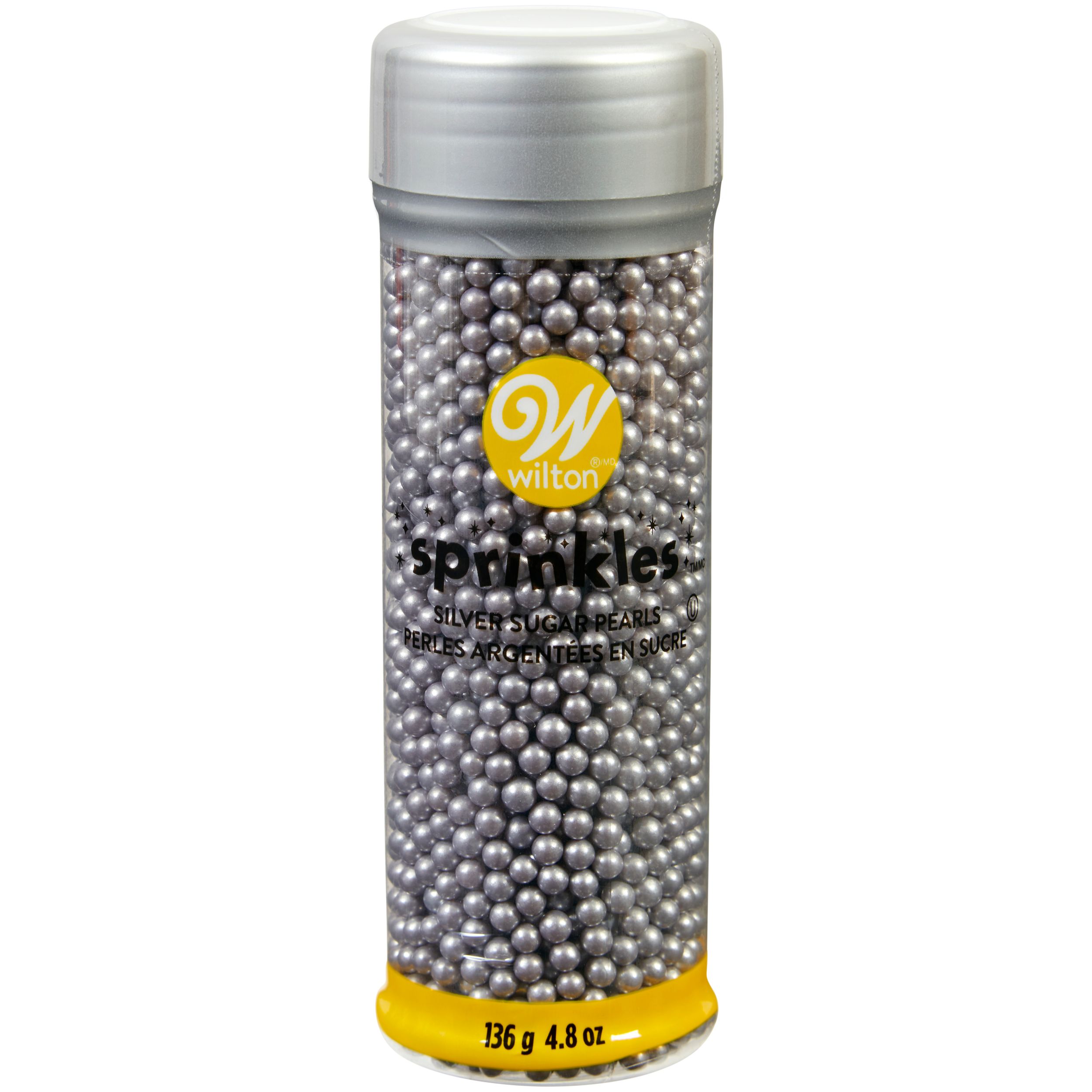 Wilton Edible Decorative Pearl Sprinkles, Silver, 4.8-oz, for Baking/Cake Decoration Front_Flat