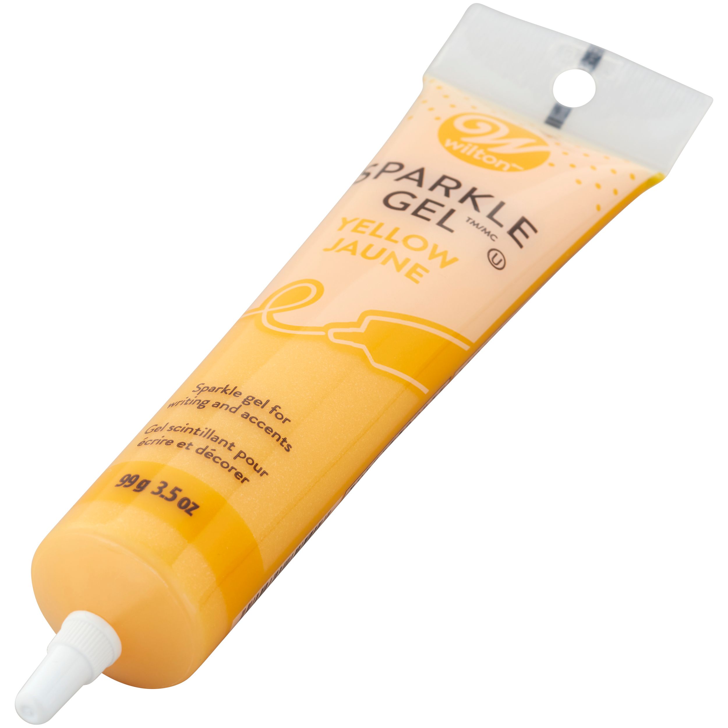 Wilton Sparkle Edible Decorating Non Drying Gel, Yellow, 3.5-oz, for Baking Cookies/Cupcakes/Donuts Front_Three_Fourths_Angled_Left