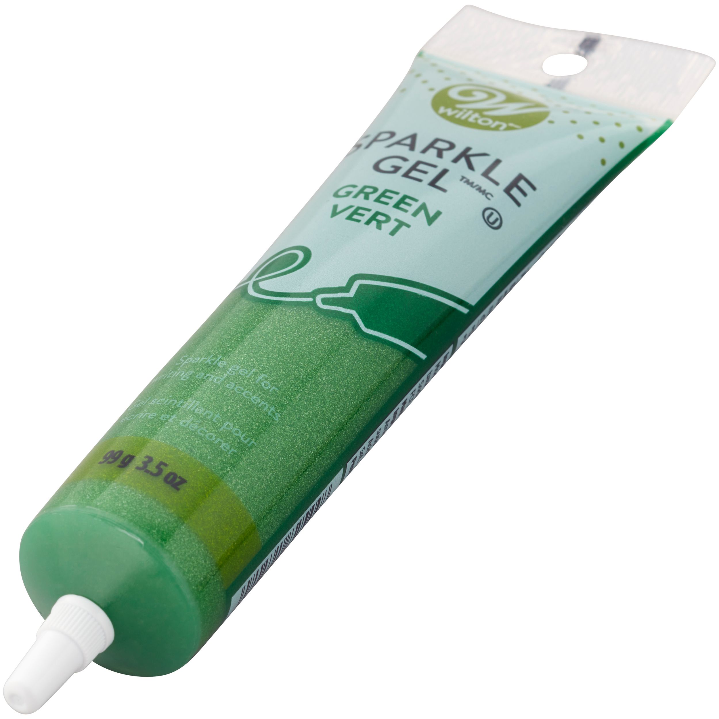 Wilton Sparkle Edible Decorating Non Drying Gel, Green, 3.5-oz, for Baking Cookies/Cupcakes/Donuts Front_Three_Fourths_Angled_Left