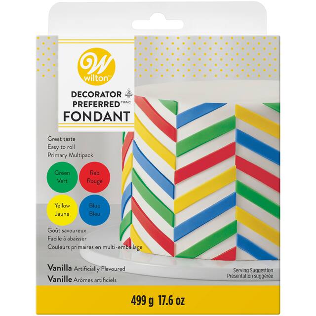Wilton Decorator Preferred Edible Decorating Fondant, Green/Red/Yellow/Blue, 17.6-oz, 4-pk, Vanilla Artificially Flavoured, for Baking/Cake Decoration Front_Flat