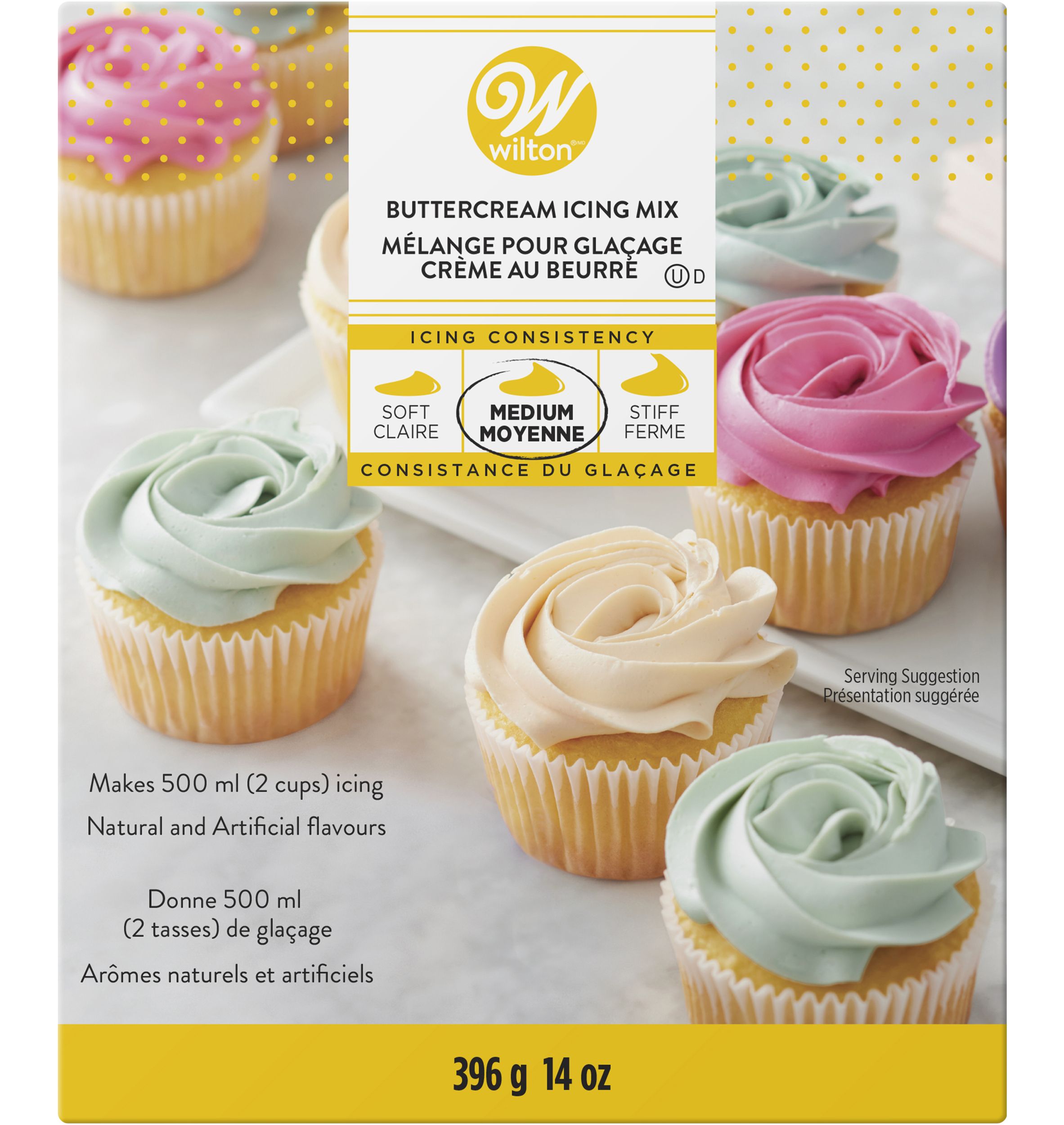 Wilton Edible Buttercream Medium Decorating Icing Mix, White, 14-oz, for Baking/Cake Decoration Front_Flat