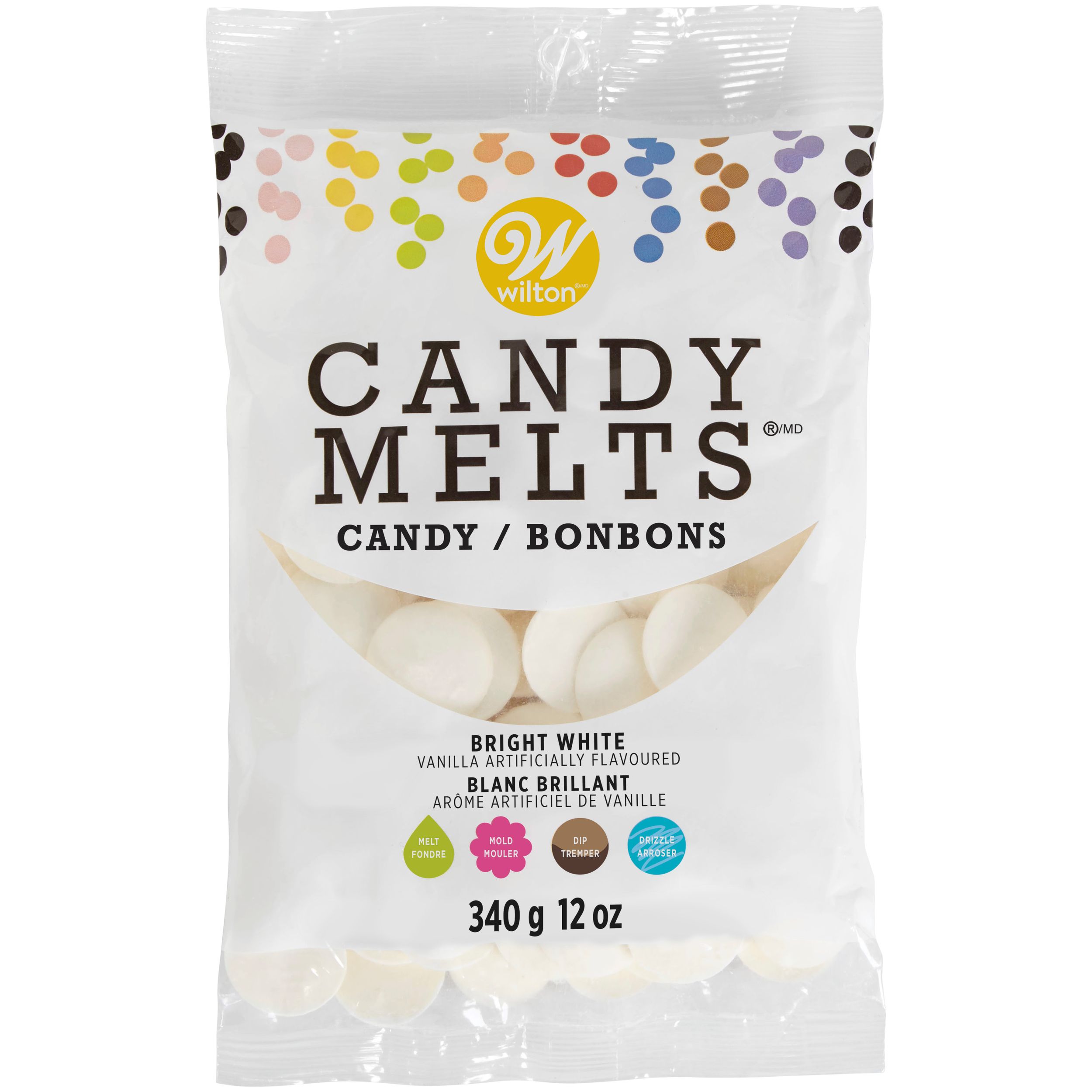 Wilton Candy Melts Candy, Bright White, 12-oz, for Melting/Molding/Dipping/Drizzling Front_Flat