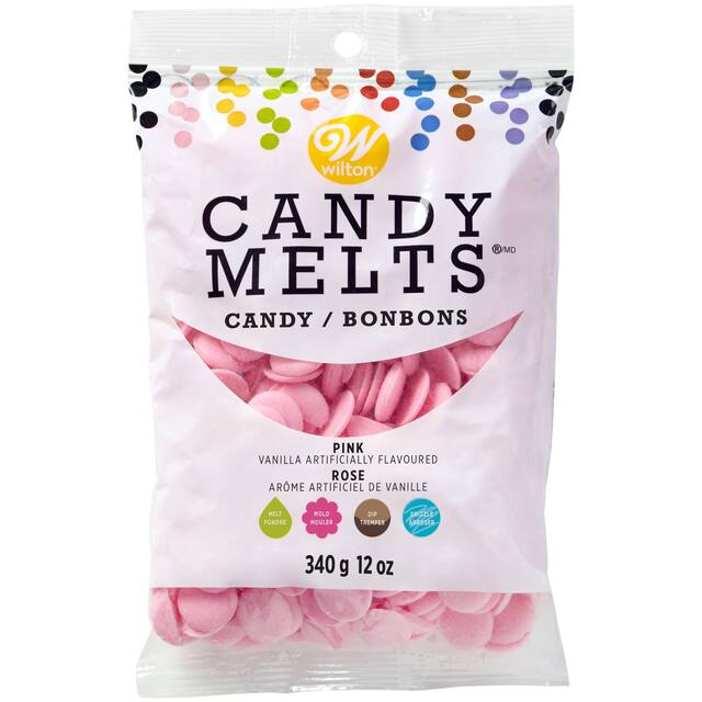 Wilton Candy Melts Candy, Pink, 12-oz, for Melting/Molding/Dipping/Drizzling Front_Flat