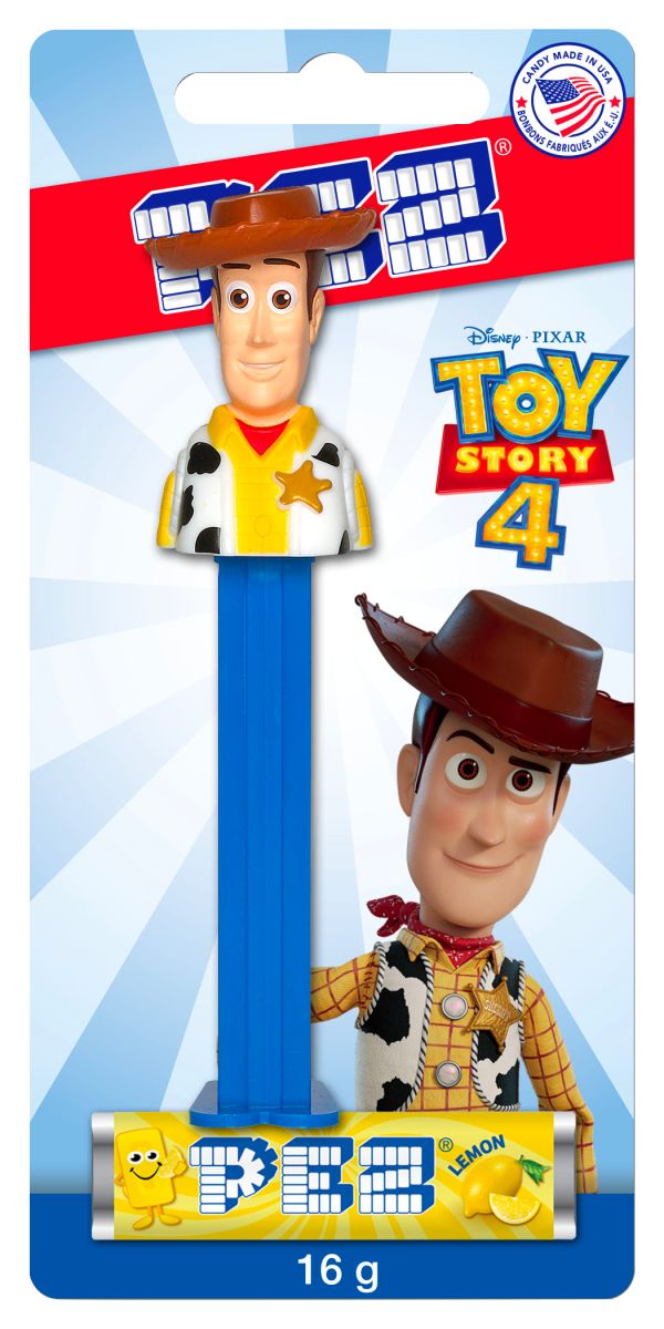 Disney Pixar Toy Story Woody PEZ Dispenser, Lemon, Blue/Yellow, 16-g, Hard Candy, for Birthday/Party Favour Front_Flat