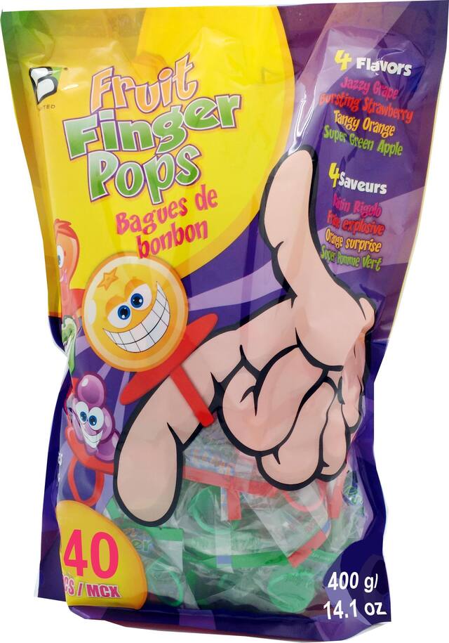 Fruit Finger Pops, Grape/Strawberry/Orange/Green Apple, Multi-Coloured, 40-pk, Hard Candy Party Favour, for Birthday/Halloween Front_Angled_Left