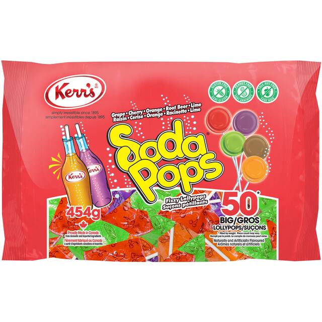 Soda Pops Lollipops, Assorted Fruits, Multi-Coloured, 50-pk, Hard Candy, for Birthday/Party Favour/Halloween, Assorted Fruit Lollipops Front_Flat