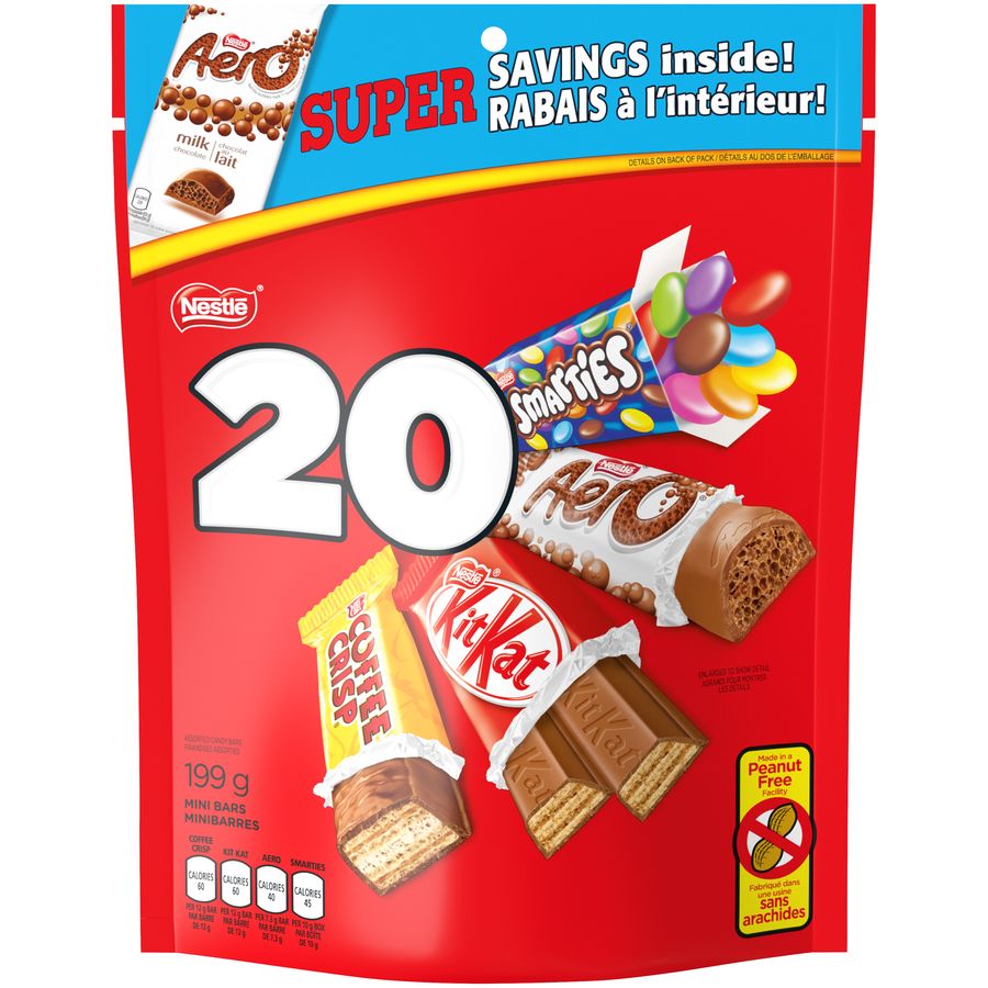 Barres de chocolat Nestlé Favorites format collation, Coffee Crisp/Kit Kat/Aero, multicolore, paq. 20, pour fête d'anniversaire/cadeau-surprise Front_Flat