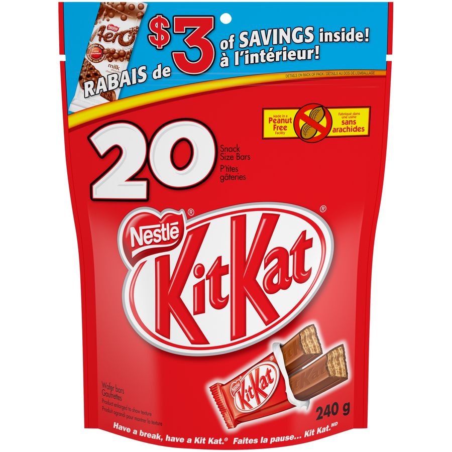 Nestle Kit Kat Snack Size Bars, Milk Chocolate Wafer Bars, Brown, 20-pk, for Halloween/Valentine's Day Front_Flat