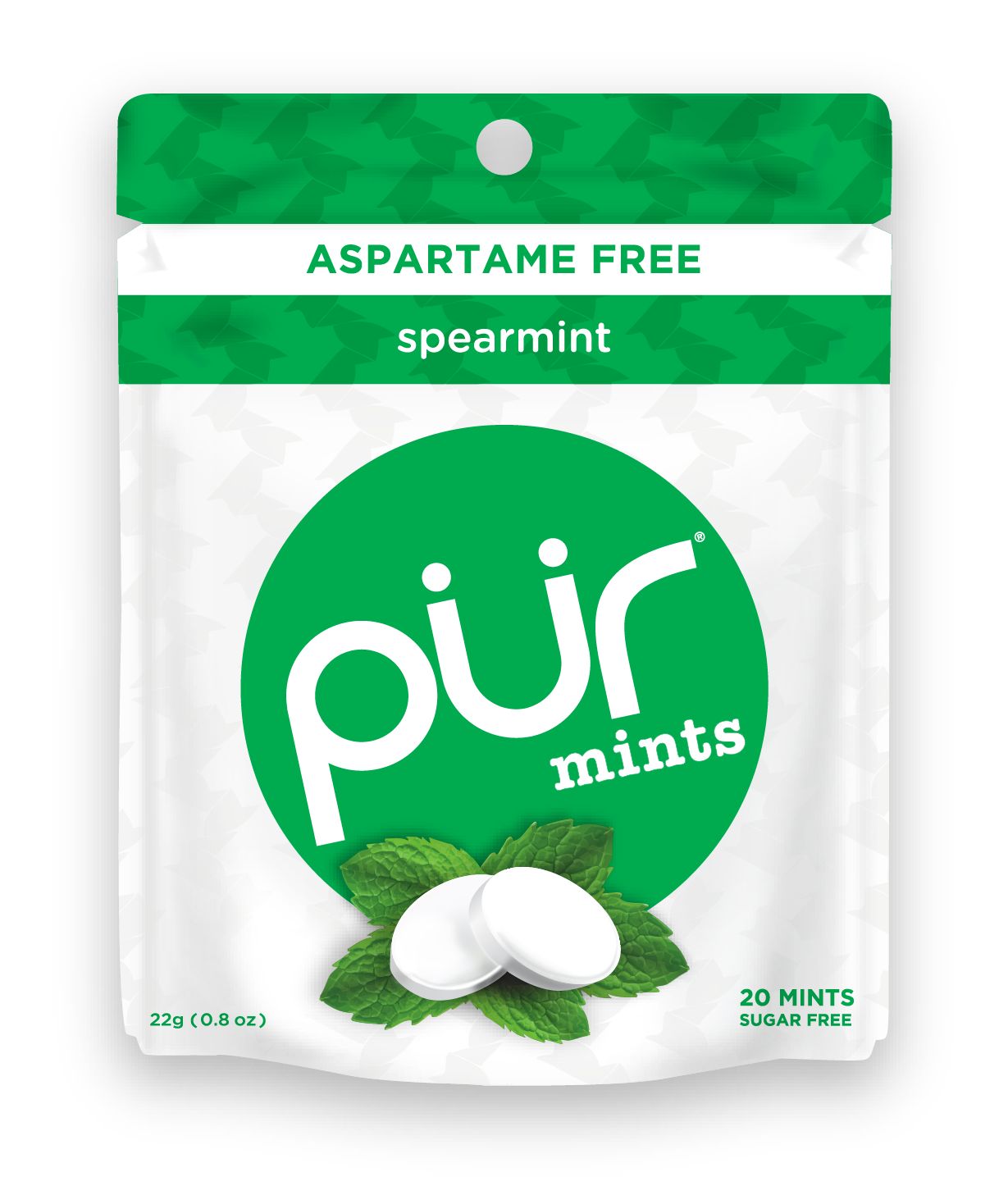 PUR Chewing Gum, Spearmint, White, 20-pk, for Birthday/Party Favour Front_Flat