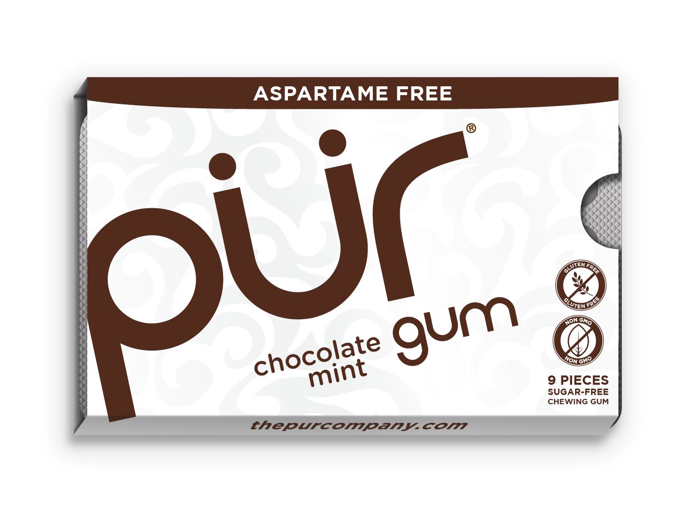 PUR Chewing Gum, Chocolate Mint, White, 9-pk, for Birthday/Party Favour Front_Flat