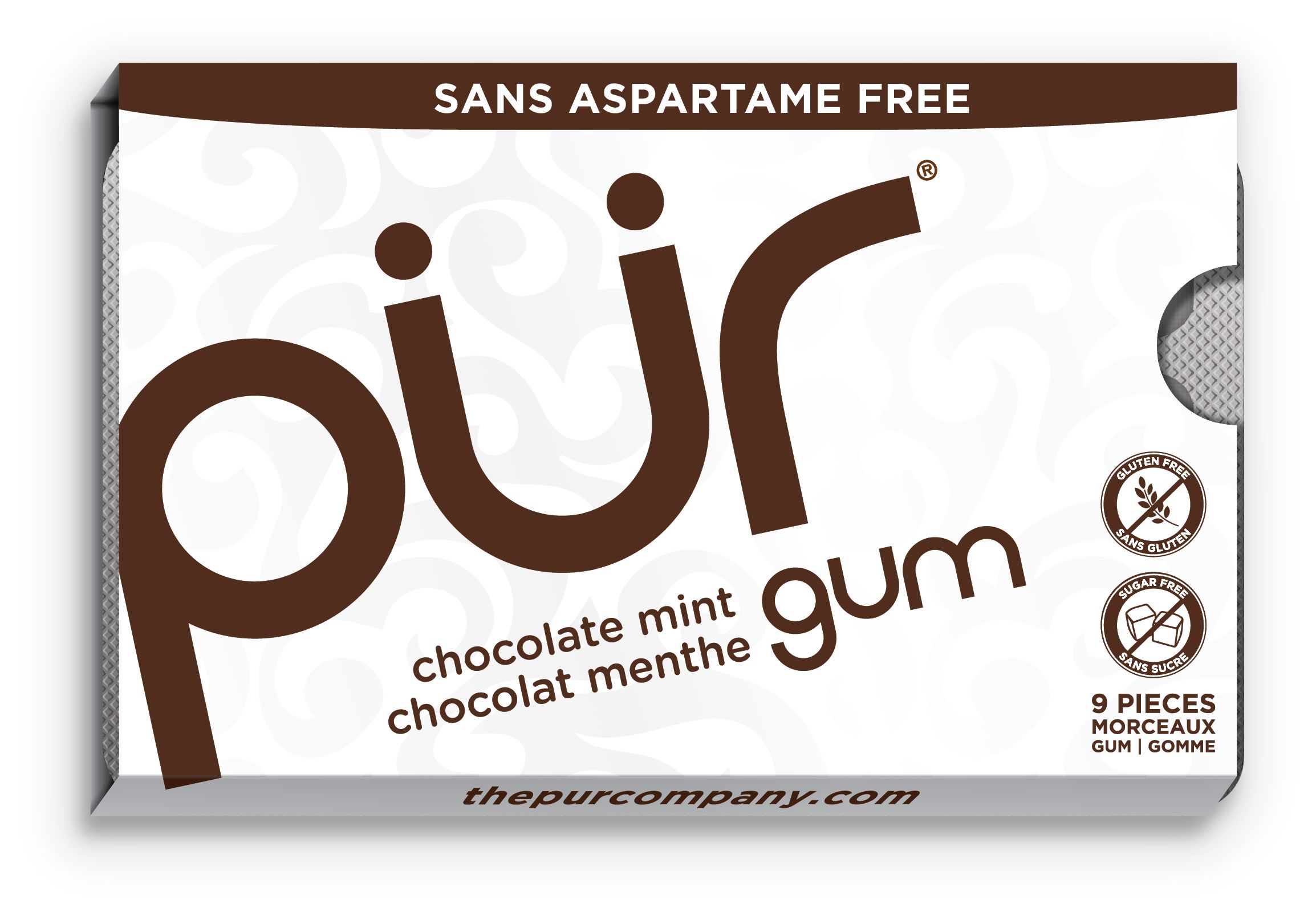 PUR Chewing Gum, Chocolate Mint, White, 9-pk, for Birthday/Party Favour Front_Flat