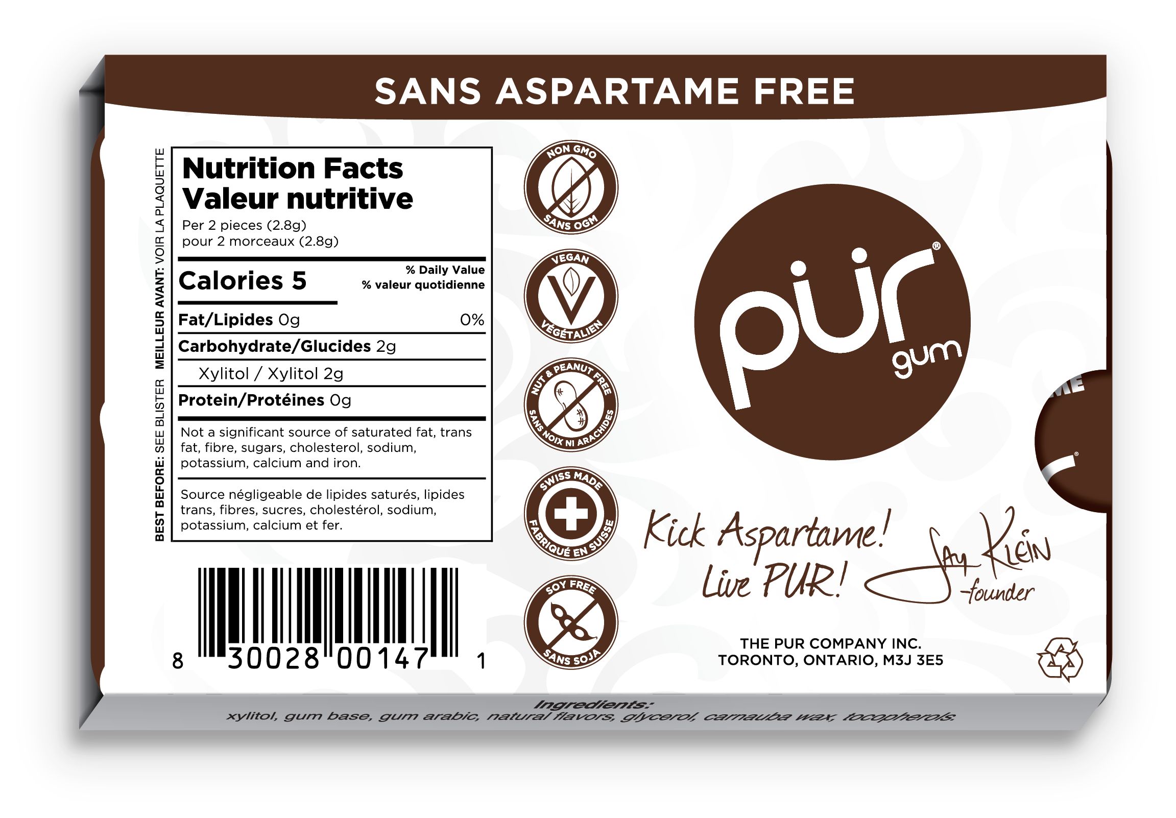 PUR Chewing Gum, Chocolate Mint, White, 9-pk, for Birthday/Party Favour Back_Flat