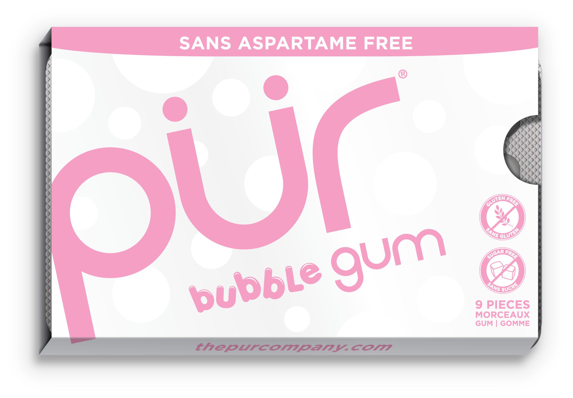 PUR Chewing Gum, Bubble Gum, White, 9-pk, for Birthday/Party Favour Front_Flat