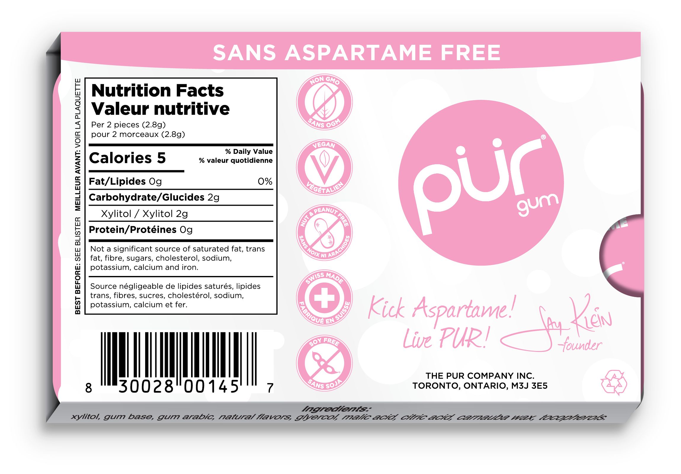 PUR Chewing Gum, Bubble Gum, White, 9-pk, for Birthday/Party Favour Back_Flat