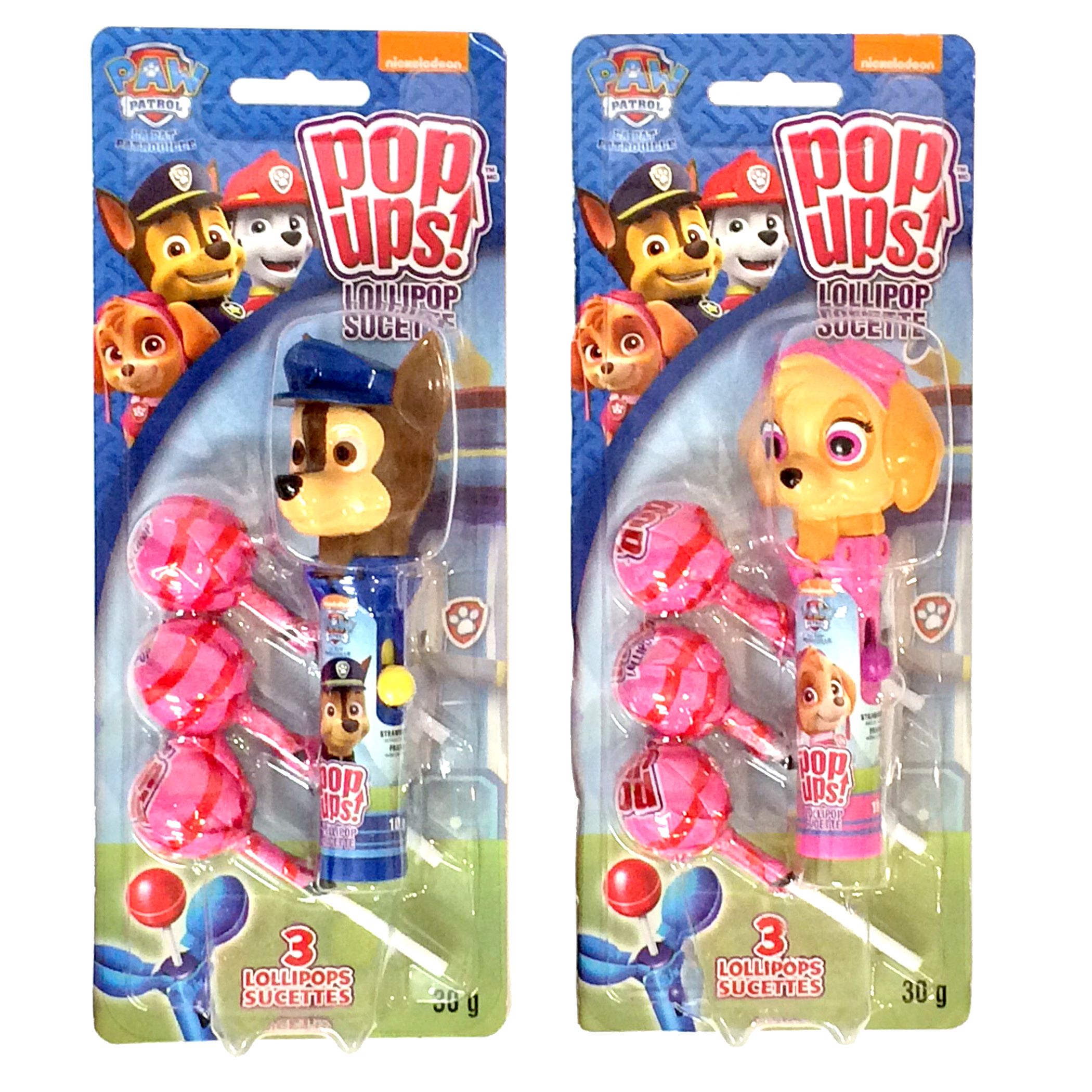 Nickelodeon PAW Patrol Chase & Skye Chupa Chups Assorted Fruits Pop Ups Lollipops, Pink/Blue, 3-pk, Hard Candy, for Birthday/Party Favour Composite_or_Mixed