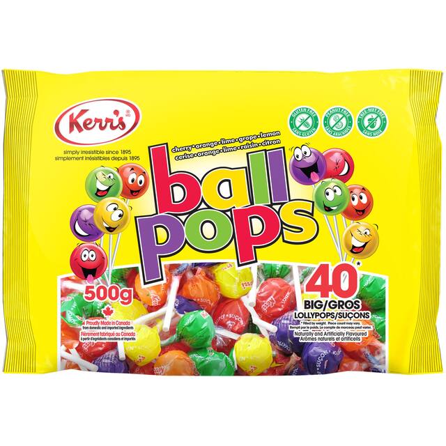 Ball Pops Lollipops, Assorted Fruits, Multi-Coloured, 40-pk, Hard Candy, for Birthday/Party Favour/Halloween Front_Flat