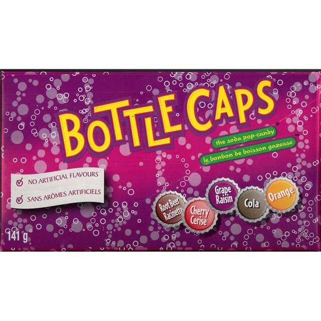 Bottle Caps Theatre Box, Root Beer/Cherry/Grape/Cola/Orange, Multi-Coloured, 141-g, Hard Candy, for Birthday/Party Favour Front_Flat