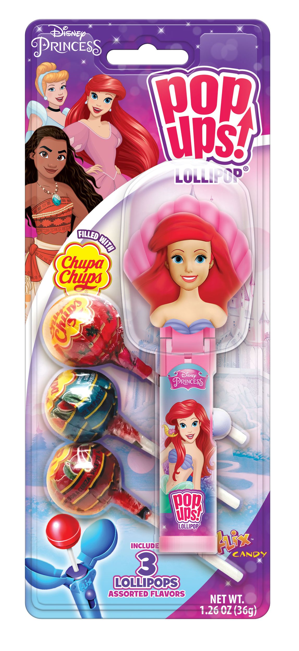 Disney Princess Once Upon A Time Cinderella & Moana Chupa Chups Lollipop, Assorted Fruits, Multi-Coloured, 3-pk, Hard Candy, for Birthday/Party Favour Front_Flat