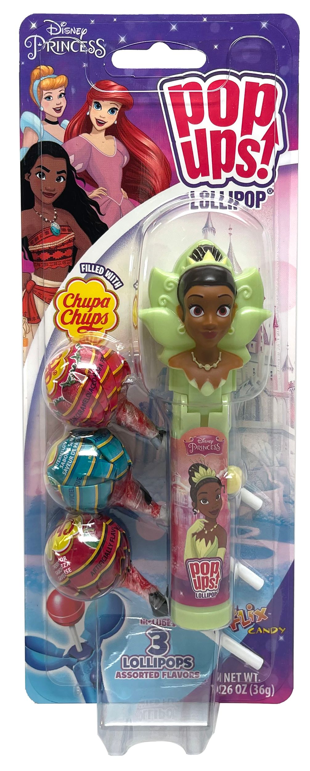 Disney Princess Once Upon A Time Cinderella & Moana Chupa Chups Lollipop, Assorted Fruits, Multi-Coloured, 3-pk, Hard Candy, for Birthday/Party Favour Front_Flat
