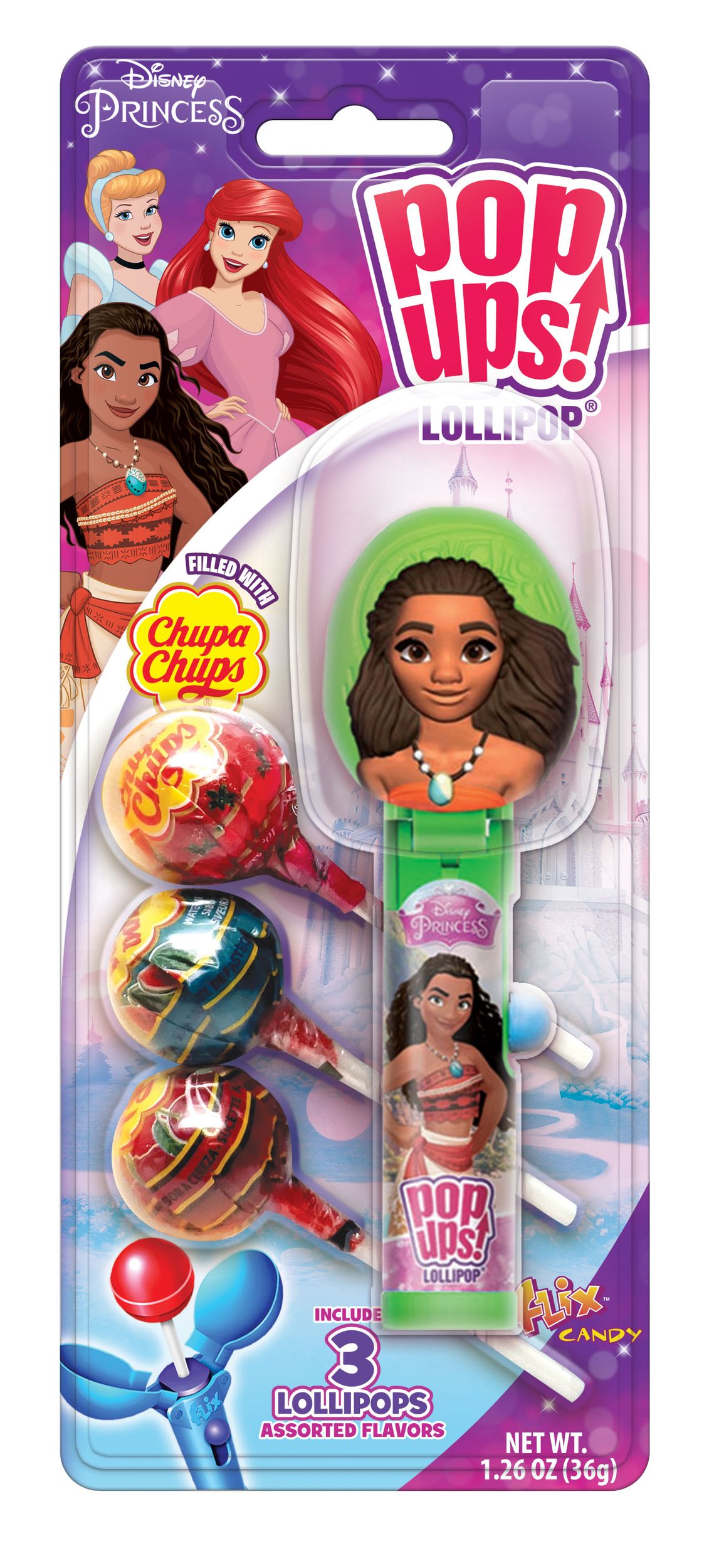 Disney Princess Once Upon A Time Cinderella & Moana Chupa Chups Lollipop, Assorted Fruits, Multi-Coloured, 3-pk, Hard Candy, for Birthday/Party Favour Front_Flat