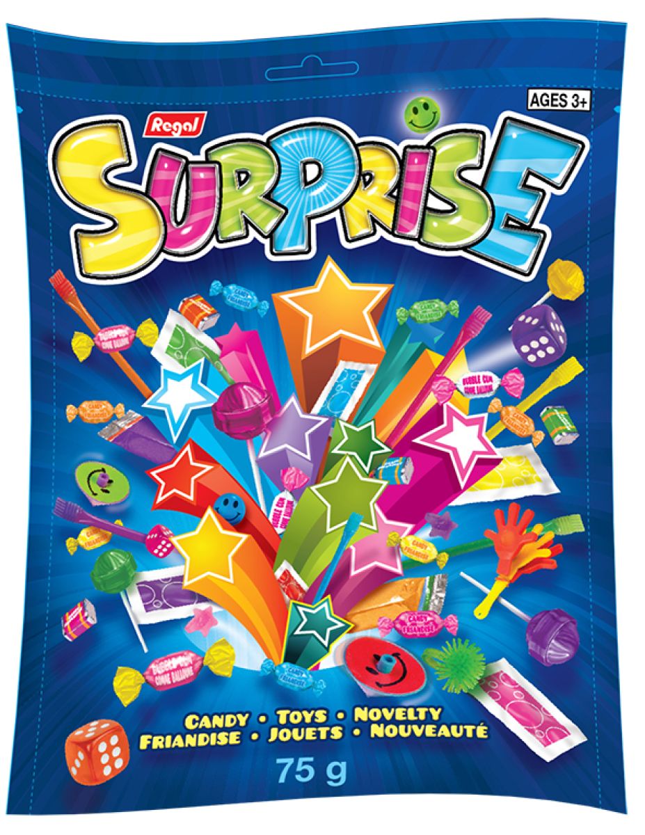 Pochettes de luxe Surprise avec bonbons et jouets, choix de saveurs, bonbon dur, multicolore, 75 g, pour fête d'anniversaire/cadeau-surprise Front_Flat